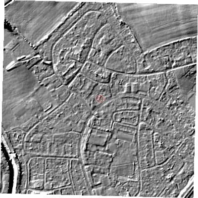 Shaded relief map of the ground around HU89PY, computed from Environment Agency LiDAR. The ground here sits at about 2 m above sea level and falls 7 m across the surrounding 800 m. Surface water reaching this point runs off ground lying to the north, 1.4 m higher.