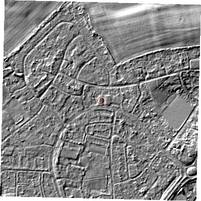 Shaded relief map of the ground around HU89PZ, computed from Environment Agency LiDAR. The ground here sits at about 3 m above sea level and falls 3 m across the surrounding 800 m. Surface water reaching this point runs off ground lying to the north-west, 0.7 m higher.