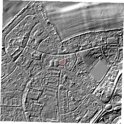 Shaded relief map of the ground around HU89QA, computed from Environment Agency LiDAR. The ground here sits at about 2 m above sea level and falls 3 m across the surrounding 800 m. Surface water reaching this point runs off ground lying to the east-north-east, 0.8 m higher.