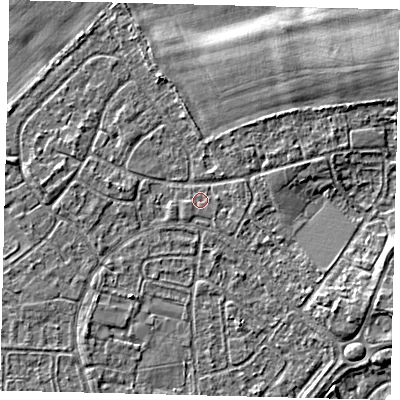 Shaded relief map of the ground around HU89QB, computed from Environment Agency LiDAR. The ground here sits at about 2 m above sea level and falls 3 m across the surrounding 800 m. Surface water reaching this point runs off ground lying to the east-north-east, 0.8 m higher.