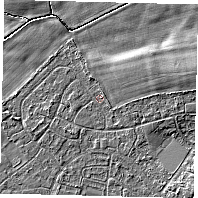 Shaded relief map of the ground around HU89QD, computed from Environment Agency LiDAR. The ground here sits at about 2 m above sea level and falls 5 m across the surrounding 800 m. Surface water reaching this point runs off ground lying to the east, 2.3 m higher.