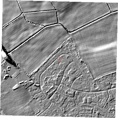 Shaded relief map of the ground around HU89QE, computed from Environment Agency LiDAR. The ground here sits at about 2 m above sea level and falls 9 m across the surrounding 800 m. Surface water reaching this point runs off ground lying to the east-south-east, 2.3 m higher.