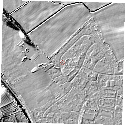 Shaded relief map of the ground around HU89QG, computed from Environment Agency LiDAR. The ground here sits at about 2 m above sea level and falls 12 m across the surrounding 800 m. Surface water reaching this point runs off ground lying to the east-north-east, 1.9 m higher.