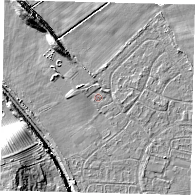 Shaded relief map of the ground around HU89QJ, computed from Environment Agency LiDAR. The ground here sits at about 2 m above sea level and falls 13 m across the surrounding 800 m. Surface water reaching this point runs off ground lying to the north-north-east, 1.2 m higher.