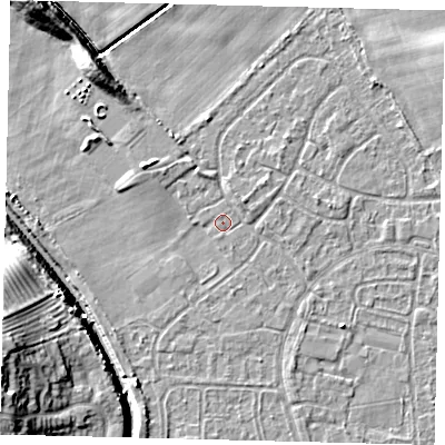 Shaded relief map of the ground around HU89QL, computed from Environment Agency LiDAR. The ground here sits at about 2 m above sea level and falls 13 m across the surrounding 800 m. The ground contributing surface water to this point lies to the south.