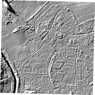 Shaded relief map of the ground around HU89QN, computed from Environment Agency LiDAR. The ground here sits at about 2 m above sea level and falls 9 m across the surrounding 800 m. Surface water reaching this point runs off ground lying to the north-east, 1.4 m higher.