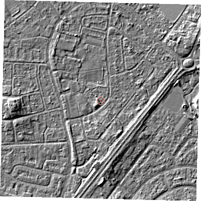 Shaded relief map of the ground around HU89QP, computed from Environment Agency LiDAR. The ground here sits at about 2 m above sea level and falls 4 m across the surrounding 800 m. Surface water reaching this point runs off ground lying to the east-north-east, 3.0 m higher.