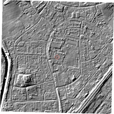 Shaded relief map of the ground around HU89QQ, computed from Environment Agency LiDAR. The ground here sits at about 2 m above sea level and falls 6 m across the surrounding 800 m. Surface water reaching this point runs off ground lying to the south-east, 1.3 m higher.