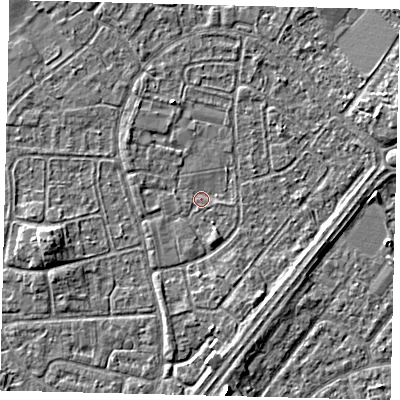 Shaded relief map of the ground around HU89QR, computed from Environment Agency LiDAR. The ground here sits at about 2 m above sea level and falls 4 m across the surrounding 800 m. Surface water reaching this point runs off ground lying to the east-north-east, 2.7 m higher.