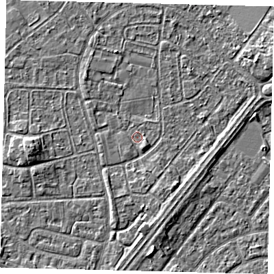 Shaded relief map of the ground around HU89QS, computed from Environment Agency LiDAR. The ground here sits at about 2 m above sea level and falls 4 m across the surrounding 800 m. Surface water reaching this point runs off ground lying to the east-north-east, 2.7 m higher.