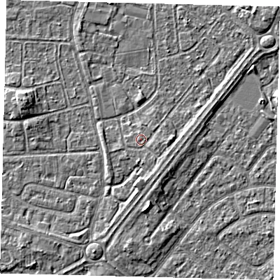 Shaded relief map of the ground around HU89QT, computed from Environment Agency LiDAR. The ground here sits at about 3 m above sea level and falls 4 m across the surrounding 800 m. Surface water reaching this point runs off ground lying to the south-south-east, 1.1 m higher.