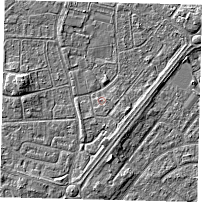 Shaded relief map of the ground around HU89QU, computed from Environment Agency LiDAR. The ground here sits at about 3 m above sea level and falls 4 m across the surrounding 800 m. Surface water reaching this point runs off ground lying to the south-east, 1.0 m higher.