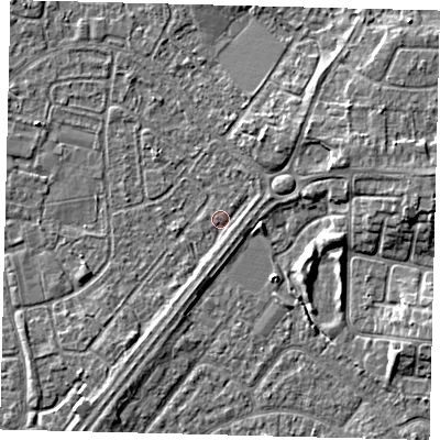 Shaded relief map of the ground around HU89QZ, computed from Environment Agency LiDAR. The ground here sits at about 2 m above sea level and falls 5 m across the surrounding 800 m. Surface water reaching this point runs off ground lying to the east-north-east, 3.7 m higher.