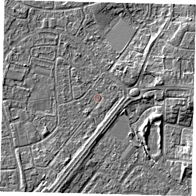 Shaded relief map of the ground around HU89RA, computed from Environment Agency LiDAR. The ground here sits at about 2 m above sea level and falls 5 m across the surrounding 800 m. Surface water reaching this point runs off ground lying to the east-north-east, 3.9 m higher.