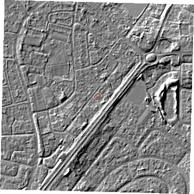 Shaded relief map of the ground around HU89RD, computed from Environment Agency LiDAR. The ground here sits at about 2 m above sea level and falls 4 m across the surrounding 800 m. Surface water reaching this point runs off ground lying to the south-south-west, 2.0 m higher.