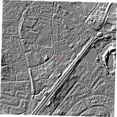 Shaded relief map of the ground around HU89RE, computed from Environment Agency LiDAR. The ground here sits at about 2 m above sea level and falls 4 m across the surrounding 800 m. Surface water reaching this point runs off ground lying to the east-north-east, 3.9 m higher.