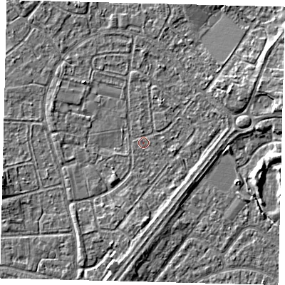 Shaded relief map of the ground around HU89RG, computed from Environment Agency LiDAR. The ground here sits at about 2 m above sea level and falls 4 m across the surrounding 800 m. Surface water reaching this point runs off ground lying to the east-north-east, 3.9 m higher.