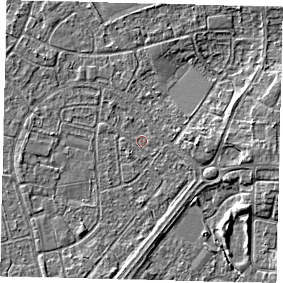 Shaded relief map of the ground around HU89RH, computed from Environment Agency LiDAR. The ground here sits at about 2 m above sea level and falls 4 m across the surrounding 800 m. Surface water reaching this point runs off ground lying to the east, 3.7 m higher.