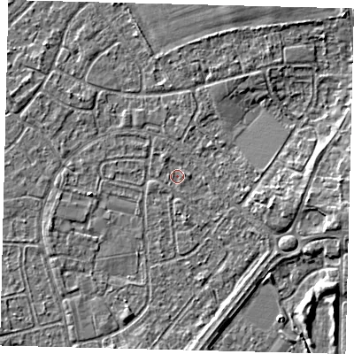 Shaded relief map of the ground around HU89RJ, computed from Environment Agency LiDAR. The ground here sits at about 2 m above sea level and falls 4 m across the surrounding 800 m. Surface water reaching this point runs off ground lying to the east-north-east, 0.8 m higher.
