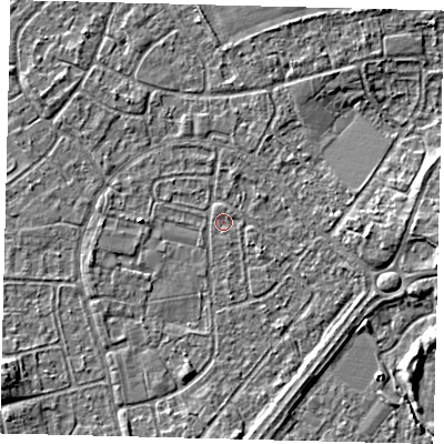 Shaded relief map of the ground around HU89RL, computed from Environment Agency LiDAR. The ground here sits at about 2 m above sea level and falls 4 m across the surrounding 800 m. Surface water reaching this point runs off ground lying to the east, 3.5 m higher.
