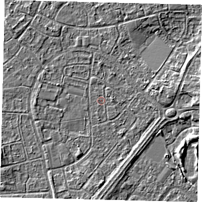 Shaded relief map of the ground around HU89RN, computed from Environment Agency LiDAR. The ground here sits at about 2 m above sea level and falls 4 m across the surrounding 800 m. The ground contributing surface water to this point lies to the north-north-west.