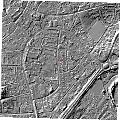 Shaded relief map of the ground around HU89RP, computed from Environment Agency LiDAR. The ground here sits at about 2 m above sea level and falls 4 m across the surrounding 800 m. Surface water reaching this point runs off ground lying to the east, 3.3 m higher.
