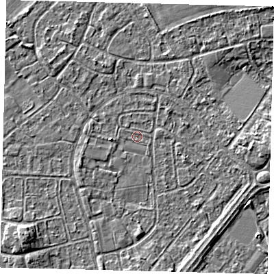 Shaded relief map of the ground around HU89RR, computed from Environment Agency LiDAR. The ground here sits at about 2 m above sea level and falls 3 m across the surrounding 800 m. Surface water reaching this point runs off ground lying to the east, 2.8 m higher.