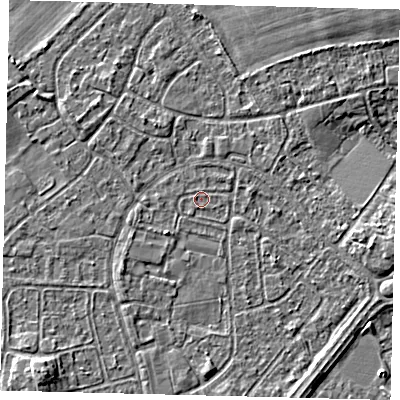Shaded relief map of the ground around HU89RT, computed from Environment Agency LiDAR. The ground here sits at about 2 m above sea level and falls 3 m across the surrounding 800 m. Surface water reaching this point runs off ground lying to the south-west, 1.4 m higher.