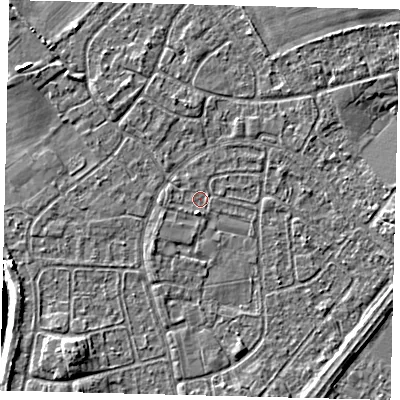 Shaded relief map of the ground around HU89RU, computed from Environment Agency LiDAR. The ground here sits at about 2 m above sea level and falls 6 m across the surrounding 800 m. Surface water reaching this point runs off ground lying to the south, 1.3 m higher.