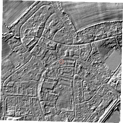 Shaded relief map of the ground around HU89RY, computed from Environment Agency LiDAR. The ground here sits at about 2 m above sea level and falls 3 m across the surrounding 800 m. Surface water reaching this point runs off ground lying to the north-north-east, 0.8 m higher.