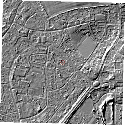Shaded relief map of the ground around HU89RZ, computed from Environment Agency LiDAR. The ground here sits at about 2 m above sea level and falls 5 m across the surrounding 800 m. Surface water reaching this point runs off ground lying to the north-east, 3.9 m higher.