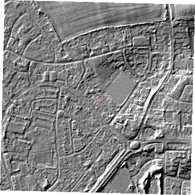 Shaded relief map of the ground around HU89SJ, computed from Environment Agency LiDAR. The ground here sits at about 2 m above sea level and falls 5 m across the surrounding 800 m. Surface water reaching this point runs off ground lying to the north-east, 3.9 m higher.