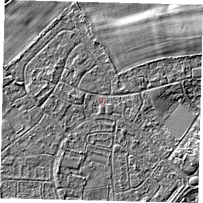Shaded relief map of the ground around HU89SY, computed from Environment Agency LiDAR. The ground here sits at about 2 m above sea level and falls 5 m across the surrounding 800 m. Surface water reaching this point runs off ground lying to the east-north-east, 1.4 m higher.