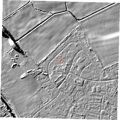 Shaded relief map of the ground around HU89TJ, computed from Environment Agency LiDAR. The ground here sits at about 2 m above sea level and falls 9 m across the surrounding 800 m. Surface water reaching this point runs off ground lying to the south-east, 1.0 m higher.