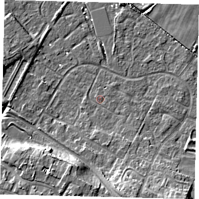 Shaded relief map of the ground around HU89TQ, computed from Environment Agency LiDAR. The ground here sits at about 1 m above sea level and falls 12 m across the surrounding 800 m. Surface water reaching this point runs off ground lying to the south, 3.2 m higher.