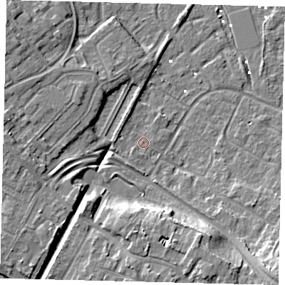 Shaded relief map of the ground around HU89TS, computed from Environment Agency LiDAR. The ground here sits at about 1 m above sea level and falls 12 m across the surrounding 800 m. Surface water reaching this point runs off ground lying to the west, 9.9 m higher.