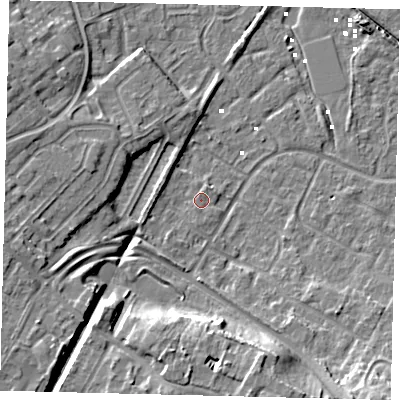 Shaded relief map of the ground around HU89TT, computed from Environment Agency LiDAR. The ground here sits at about 1 m above sea level and falls 12 m across the surrounding 800 m. Surface water reaching this point runs off ground lying to the west-south-west, 9.9 m higher.