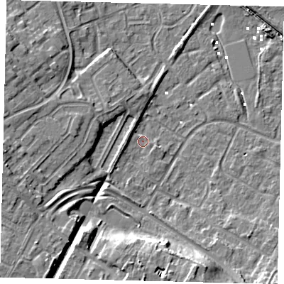 Shaded relief map of the ground around HU89TU, computed from Environment Agency LiDAR. The ground here sits at about 1 m above sea level and falls 12 m across the surrounding 800 m. Surface water reaching this point runs off ground lying to the west-south-west, 9.9 m higher.
