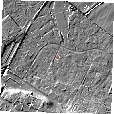 Shaded relief map of the ground around HU89TZ, computed from Environment Agency LiDAR. The ground here sits at about 0 m above sea level and falls 12 m across the surrounding 800 m. Surface water reaching this point runs off ground lying to the south-south-east, 3.5 m higher.