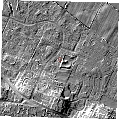 Shaded relief map of the ground around HU89UA, computed from Environment Agency LiDAR. The ground here sits at about 1 m above sea level and falls 12 m across the surrounding 800 m. Surface water reaching this point runs off ground lying to the south-south-west, 4.8 m higher.