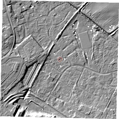 Shaded relief map of the ground around HU89UF, computed from Environment Agency LiDAR. The ground here sits at about 0 m above sea level and falls 10 m across the surrounding 800 m. Surface water reaching this point runs off ground lying to the south-south-west, 9.4 m higher.