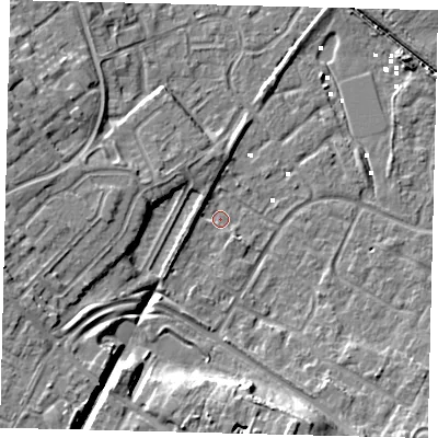 Shaded relief map of the ground around HU89UG, computed from Environment Agency LiDAR. The ground here sits at about 0 m above sea level and falls 12 m across the surrounding 800 m. Surface water reaching this point runs off ground lying to the west-south-west, 9.9 m higher.