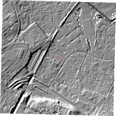 Shaded relief map of the ground around HU89UH, computed from Environment Agency LiDAR. The ground here sits at about 0 m above sea level and falls 12 m across the surrounding 800 m. Surface water reaching this point runs off ground lying to the south, 11.3 m higher.