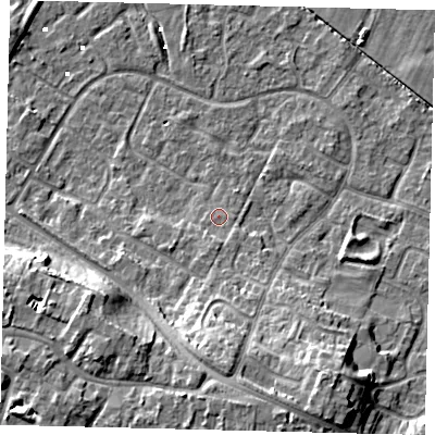 Shaded relief map of the ground around HU89UL, computed from Environment Agency LiDAR. The ground here sits at about 2 m above sea level and falls 12 m across the surrounding 800 m. Surface water reaching this point runs off ground lying to the south, 1.7 m higher.