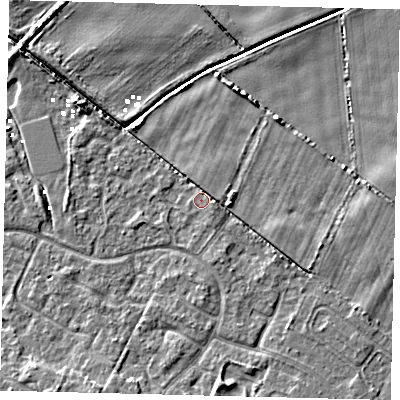 Shaded relief map of the ground around HU89UT, computed from Environment Agency LiDAR. The ground here sits at about 1 m above sea level and falls 5 m across the surrounding 800 m. Surface water reaching this point runs off ground lying to the south-east, 2.4 m higher.