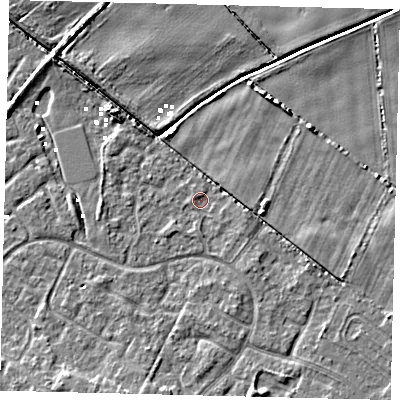 Shaded relief map of the ground around HU89UW, computed from Environment Agency LiDAR. The ground here sits at about 0 m above sea level and falls 5 m across the surrounding 800 m. Surface water reaching this point runs off ground lying to the east-south-east, 1.3 m higher.