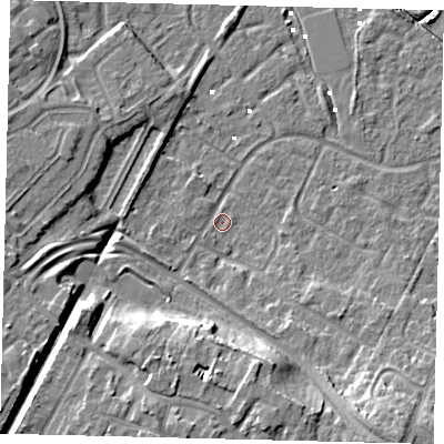 Shaded relief map of the ground around HU89UX, computed from Environment Agency LiDAR. The ground here sits at about 1 m above sea level and falls 12 m across the surrounding 800 m. Surface water reaching this point runs off ground lying to the south-south-east, 10.4 m higher.