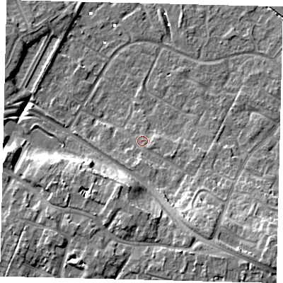 Shaded relief map of the ground around HU89XD, computed from Environment Agency LiDAR. The ground here sits at about 2 m above sea level and falls 12 m across the surrounding 800 m. Surface water reaching this point runs off ground lying to the south-east, 8.5 m higher.