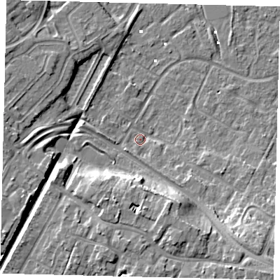 Shaded relief map of the ground around HU89XG, computed from Environment Agency LiDAR. The ground here sits at about 1 m above sea level and falls 12 m across the surrounding 800 m. Surface water reaching this point runs off ground lying to the south-east, 11.1 m higher.