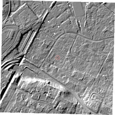Shaded relief map of the ground around HU89XH, computed from Environment Agency LiDAR. The ground here sits at about 1 m above sea level and falls 12 m across the surrounding 800 m. Surface water reaching this point runs off ground lying to the south, 10.4 m higher.